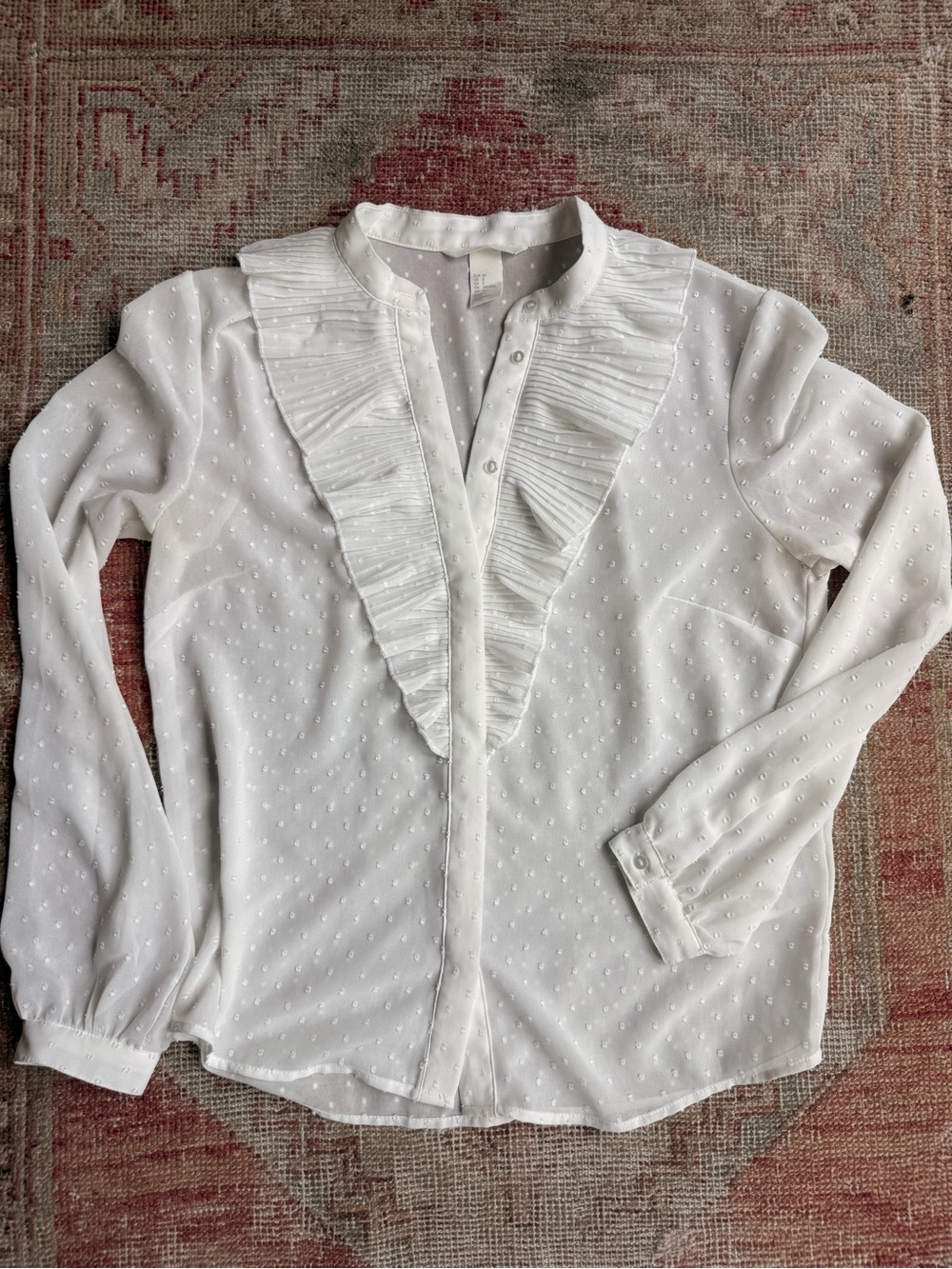 H&M White Swiss-Dot Ruffle Bib Blouse
